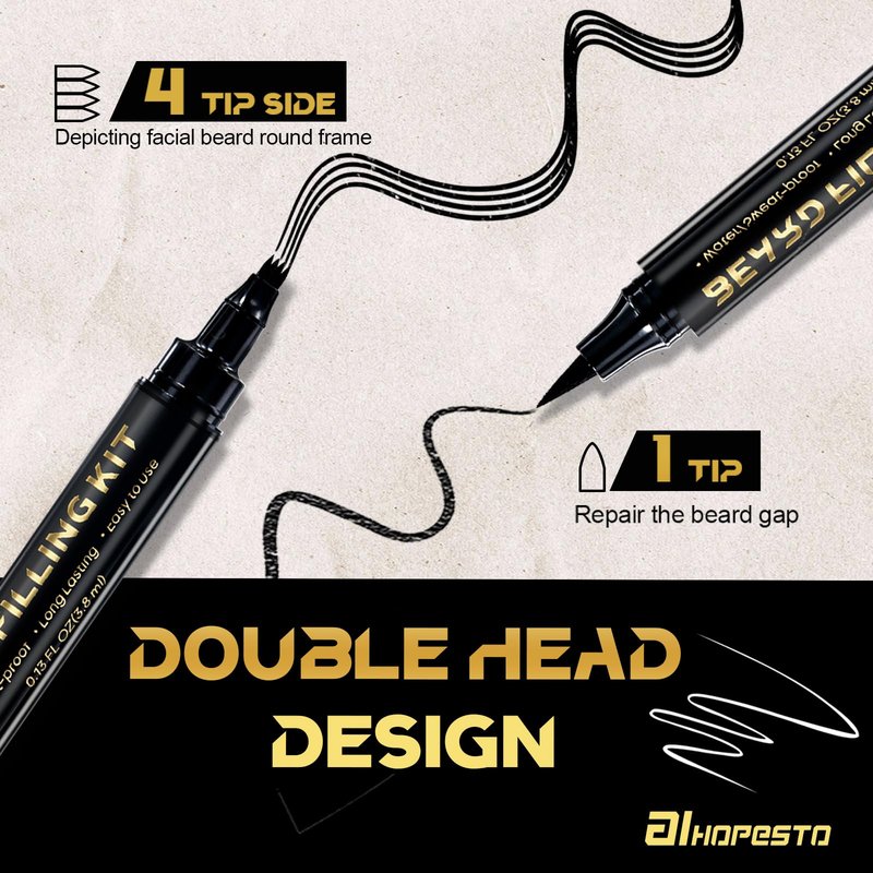 3 PCS Beard Pen Filler for Men - Black 4 Tip Pen for Natural Looking Appearance - 2 Fillers & 1 Double Head Brush - Waterproof Four Fork Eyebrow Pencil Eyeliner (Black)