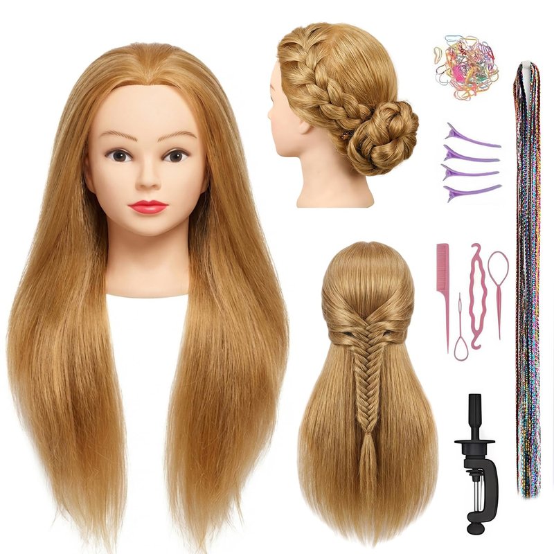 80% Real Hair Mannequin Head Training Head Manikin Cosmetology Doll Head for Hairdresser Practice Braiding Hair Styling with Clamp stand 26-28inch