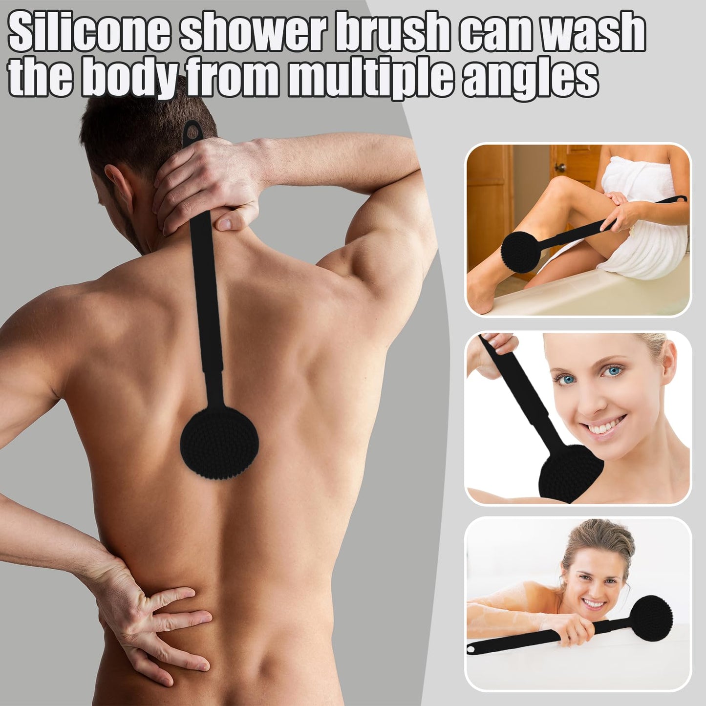 Silicone Back Scrubber for Shower, 16''- 24' Adjustable Long Handle Shower Back Brush, Dual-Sided Body Brush for Exfoliating, Massage & Rich Foam, Perfect Bath Scrubber for Men, Women