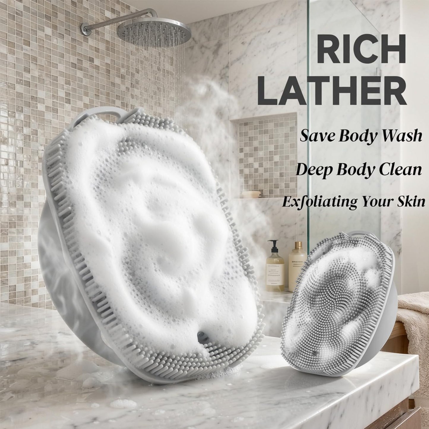 ARIOSOX, Soft Silicone Body Scrubber, Face Scrubber Silicone, Gentle Texture Exfoliating Body Scrubber for Men and Women On Sensitive Skin, Back Large Suction Cup for Easy Dry and Store (Gray)