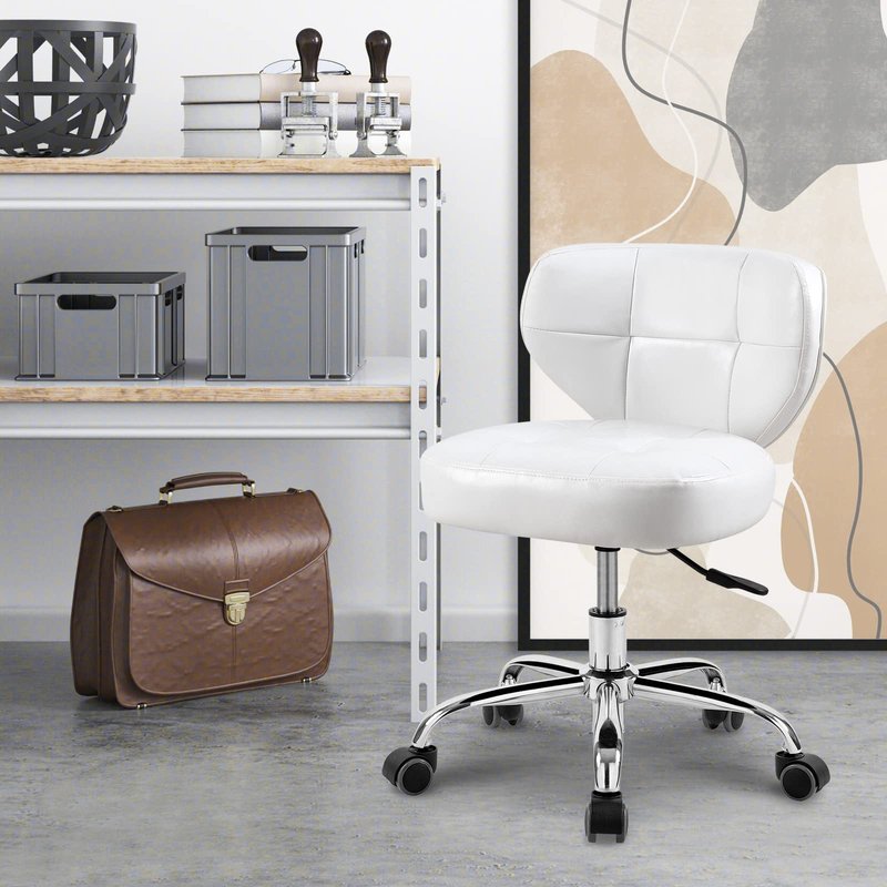 Paddie Pedicure Stool for Nail Tech, Hydraulic Salon Spa Stool Back Support Short Height Adjustable Swivel Chair, Massage/Tattoo/Esthetician/Shop/Medical, White