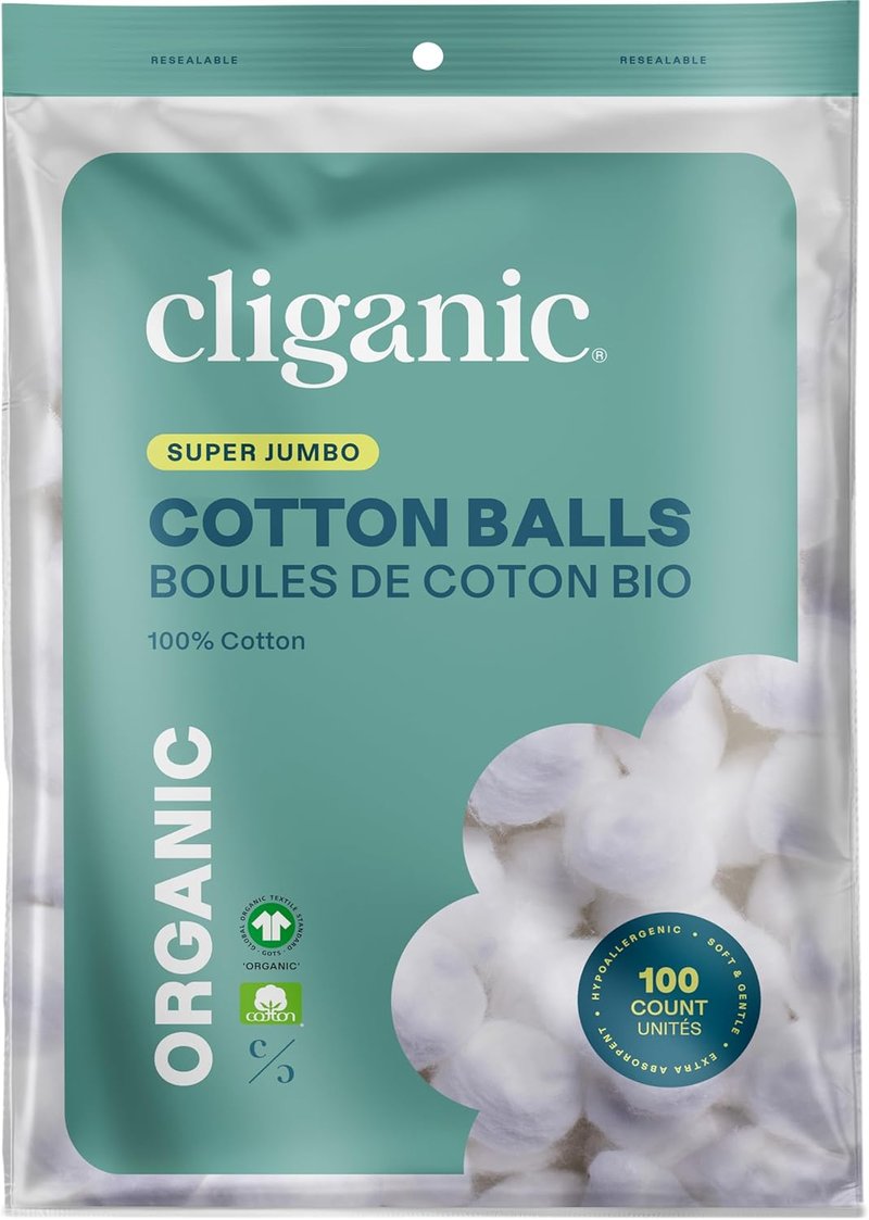 Cliganic Organic Super Jumbo Cotton Balls - Hypoallergenic, Absorbent, 100% Pure | 100 Count