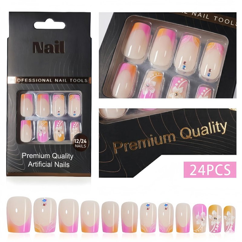 24Pcs Press on Nails Medium Square, Pink & Orange Ombre French Tip Fake Nails with 3D White Flowers & Rhinestones, Glossy Swirl Summer Acrylic Stick on Nails for Women & Girls
