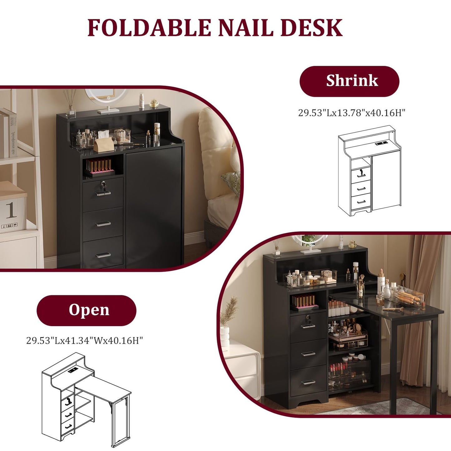 WLLPNG Foldable Nail Desk for Nail Tech, Portable Manicure Table, L Shape Nail Table with Power Outlets & Lockable Drawer & Shelves, Professional Nail Tech Workstation for Home Salon (Black)