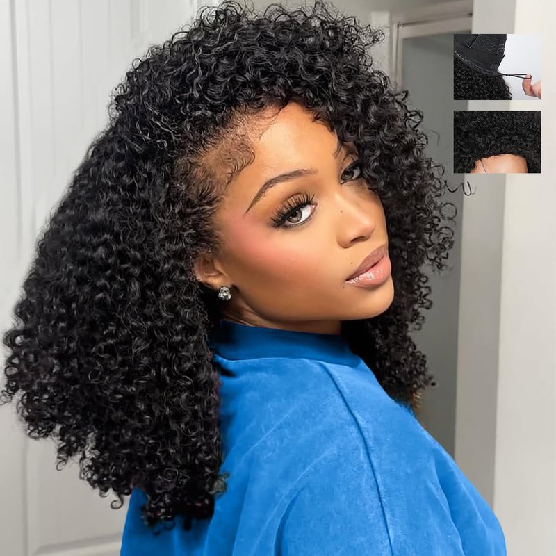 Ding Dian Kinky Curly Half Wig Human Hair 200% Density 3 In 1 Glueless Wear and Go Kinky Curly Wig Human Hair Seamless Flip Over Wig Drawstring Headband Wig Beginner Friendly 16 Inch