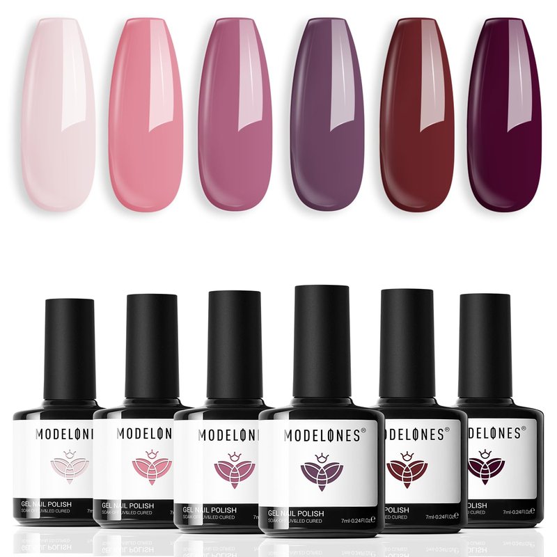 modelones Gel Nail Polish- 6 Colors Pink Brown Burgundy Red Gel Polish Set Peach Pastel Pink Nail Polish Kit Soak Off Manicure Set Nail Art Gift for Women DIY Home Salon