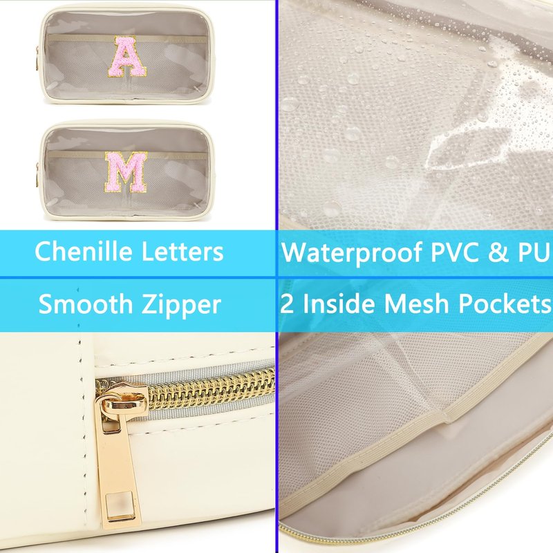 Fammart Clear Makeup Bag with 2 Customizable Chenille Letters - Waterproof PU Leather Cosmetic Case, Large Personalized Toiletry Pouch for Women & Teens, Ideal for Travel & Gift