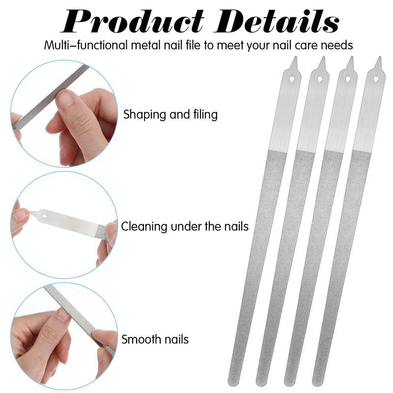 Elegaperma 4pcs Diamond Metal Fingernail File,Narrow Diamond Nail Files for Natural Nails,8 Inch Metal Fingernail File with Pointed Tip for Manicure Pedicure Women Men
