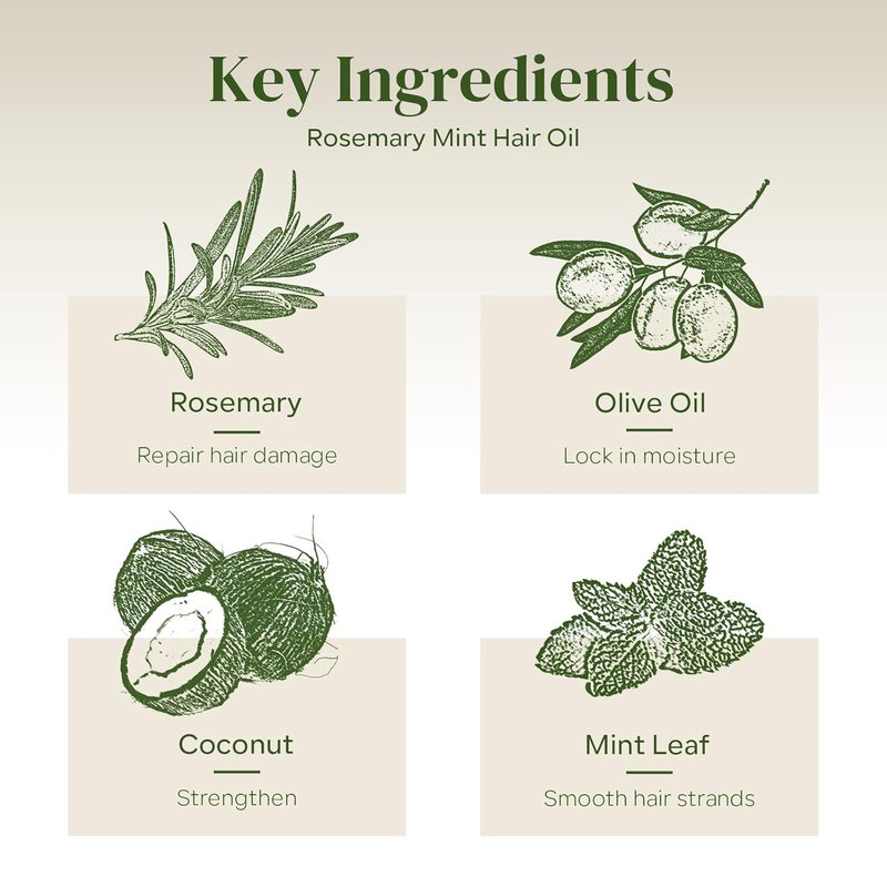 Rosemary Mint Hair Oil for Hair Growth, Strengthening and Smoothing Hair Oil, Deep Moisturizing and Nourish for Split Ends and Dry Scalp, Aromatherapy, Lightweight and Non-Greasy, 1.93 Fl Oz