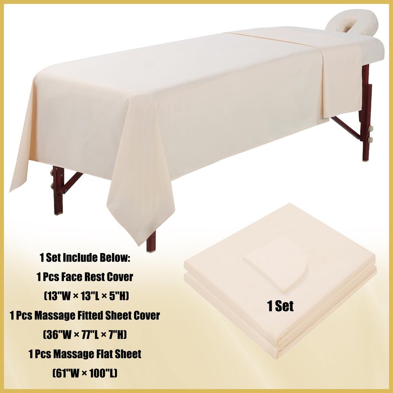 Microfiber Massage Table Sheet Set 3-Piece, Soft Wrinkle-Free Bed Cover, Includes Fitted Sheet, Flat Sheet, and Face Cradle Cover for Spa, Salon, Tattoo (Beige)