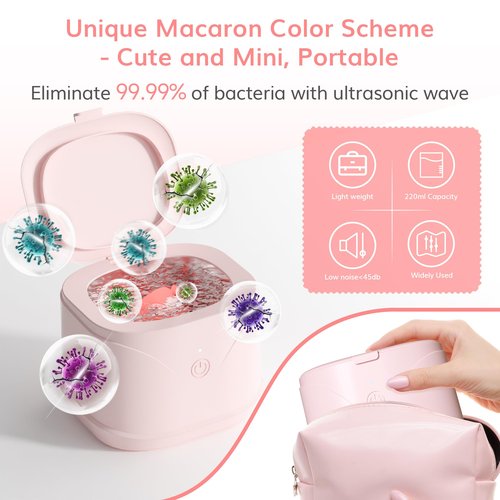 Sonic Denture Cleaner, 46kHz Professional Retainer Cleaner ROLWAY Jewelry Cleaner Machine, 220ml Sonic Cleaner Machine for Jewelry, Braces, Mouth Guard, Watch (Pink)