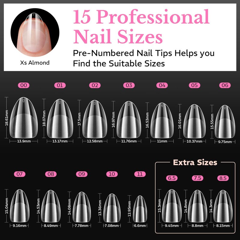 AZUREBEAUTY Extra Short Almond Nail Tips, 600pcs Pre Etched Soft Gel Nail Tips 15Sizes Acrylic Fake Nails Half Matte Full Cover Clear Press On False Nail Extensions for DIY Manicure at Home Nail Art