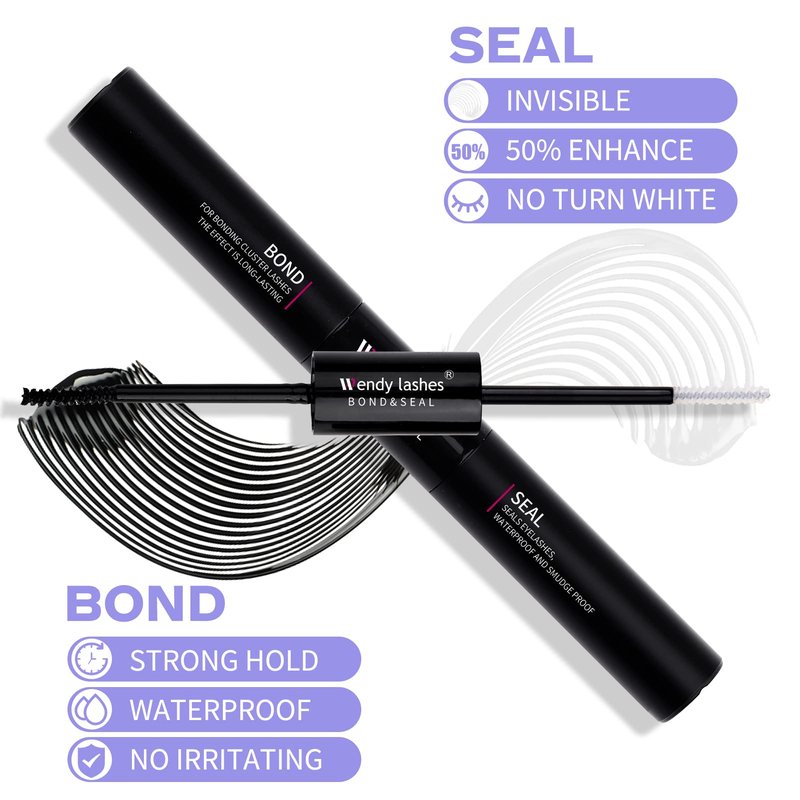 Lash Bond and Seal for Eyelash Cluster: Wendy, Using at Home, 2 in 1 Glue, DIY, Strong & Flexible Hold, 5ml Black Bond, 5ml Clear Seal