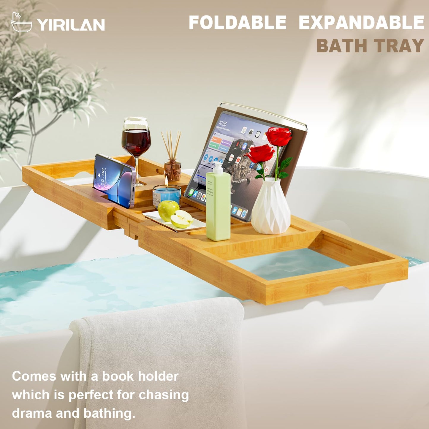 Yirilan Premium Bathtub Tray Caddy, Expandable Bath Tray, Unique House Warming Gifts,Bamboo-New