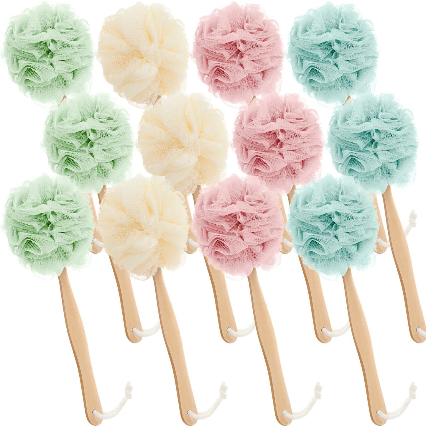 Tessco for you 12 Pcs Large Loofah on a Stick Shower Loofah with Long Handle Back Scrubber for Shower PE Body Bath Sponge Soft Spa Mesh Brush Wash Exfoliating Luffas for Men Women (Light Color)