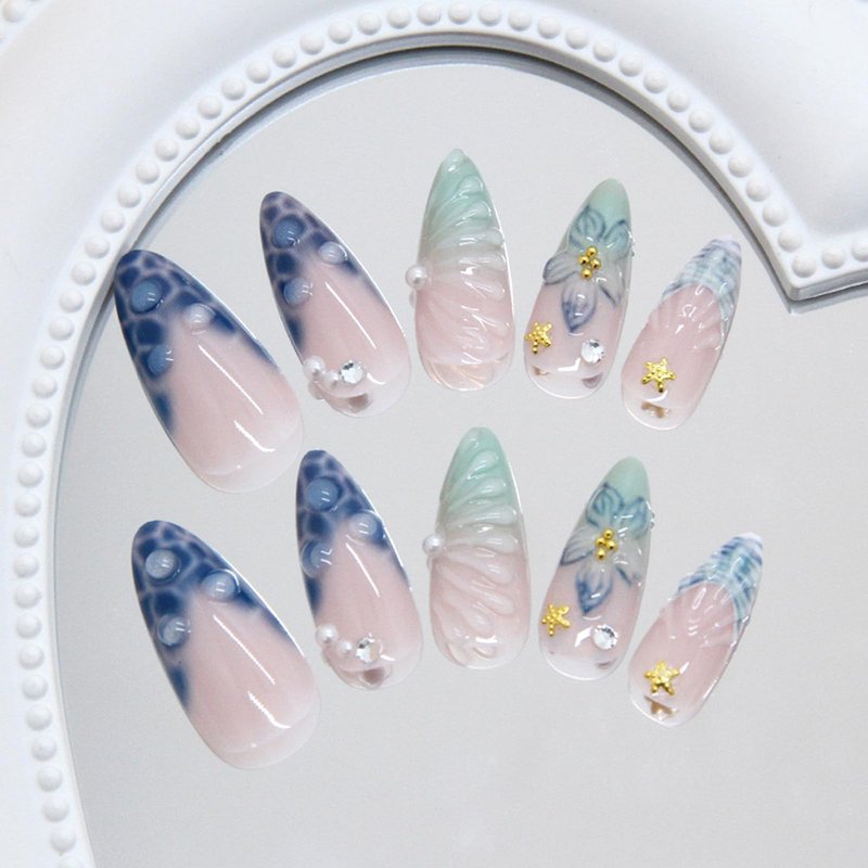 24Pcs Blue French Tip Press on Nails Medium Almond Fake Nails with Gold Seashell Designs 3D Flower Pearl Rhinestones Acrylic Stick on Nails Summer False Nail Tips Glue on Nail for Women