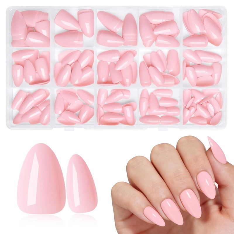 Press On Nails Short Almond - Baby Pink 160 Pcs Set with 5 Jelly Tabs | 16 Sizes for Women