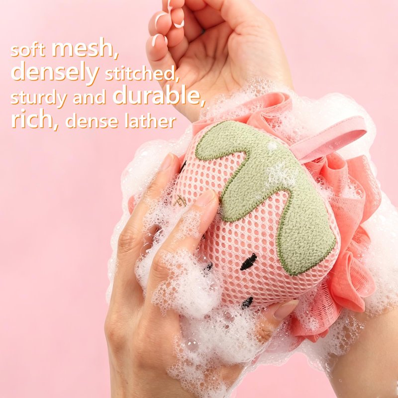 Kids Loofah, Cute Cartoon Animal Kids Bath Sponge with Hanging Rope, Soft Double Mesh for Rich Lather (Pink Strawberry)