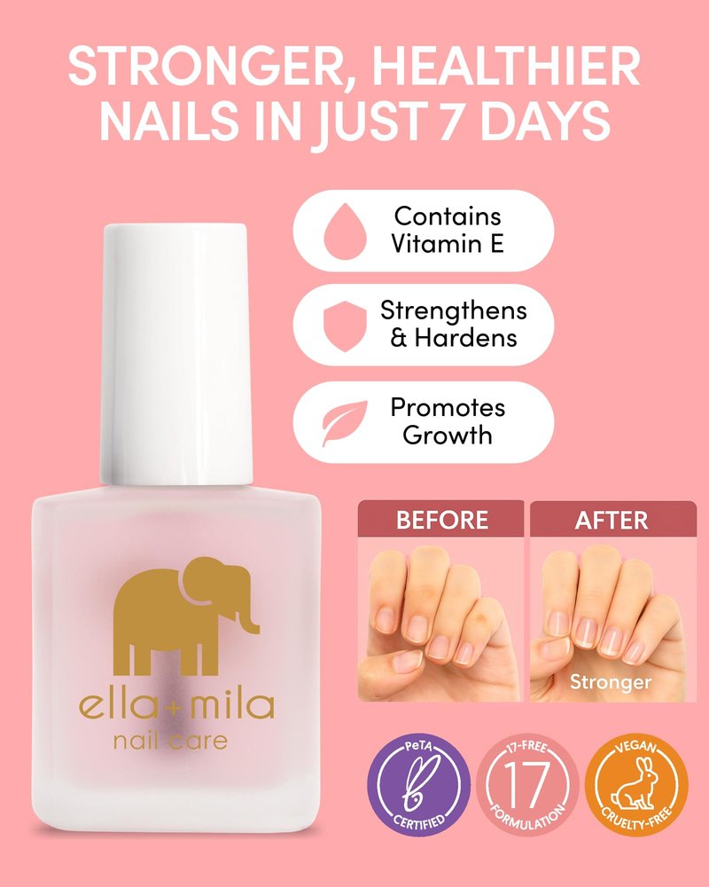 ella+mila Nail Strengthener and Growth Treatment - First Aid Kiss Nail Hardener for Damaged Brittle Thin Nails - Strengthening Polish with Vitamin E - Vegan (0.45 fl oz)