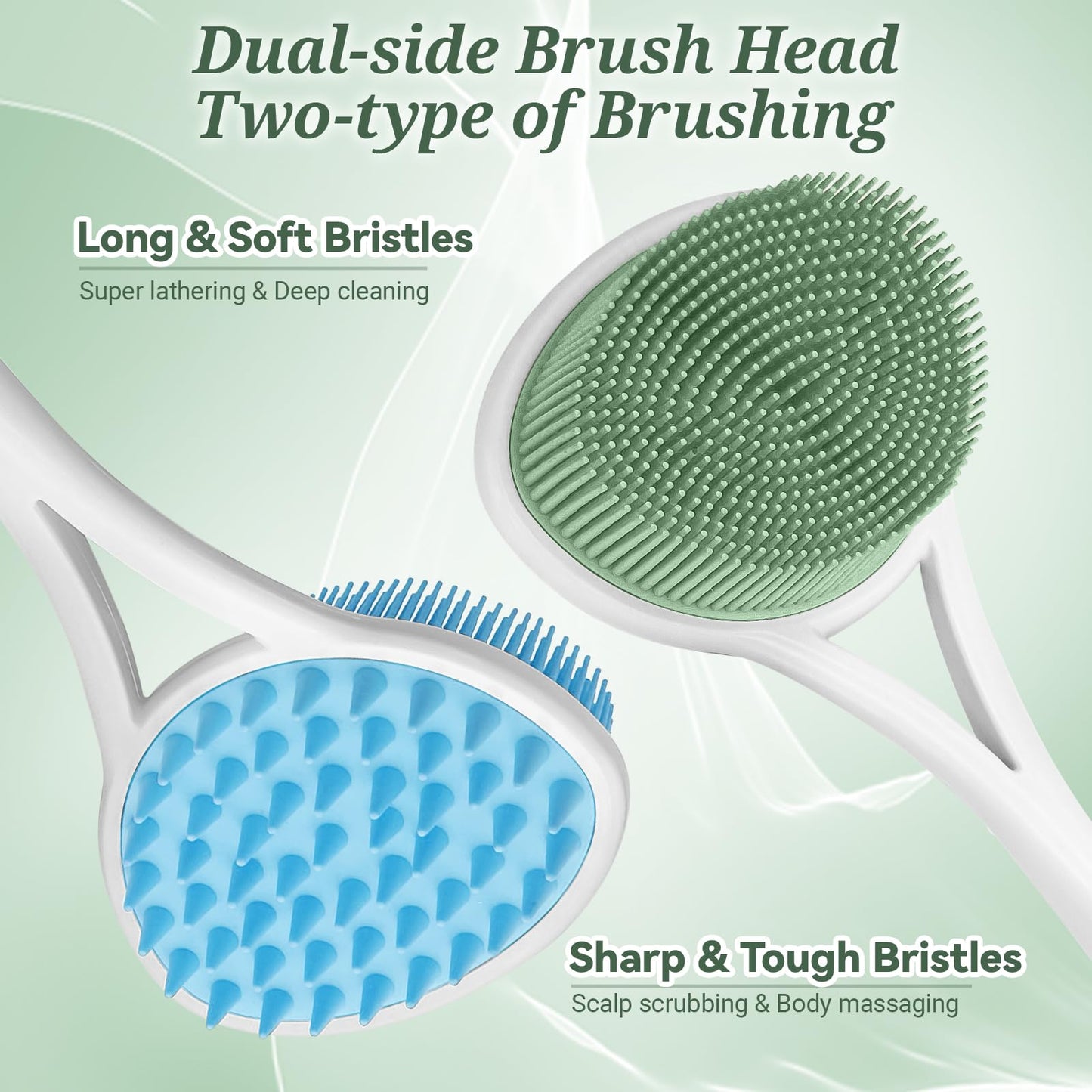 GEENOA Back Scrubber for Shower, 15.35’’ Soft Silicone Back Scrubber with Dual-Side Brush Head, Long Handle Back Brush Shower Brush with Lathering Soft Bristles and Scrubbing Thick Bristles(Green)