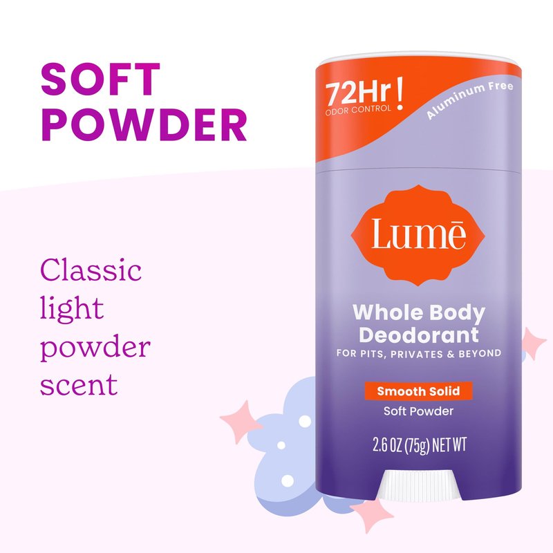 Lume Whole Body Deodorant - Smooth Solid Stick - 72 Hour Odor Control - Aluminum Free, Baking Soda Free and Skin Safe - 2.6 Ounce (Soft Powder)