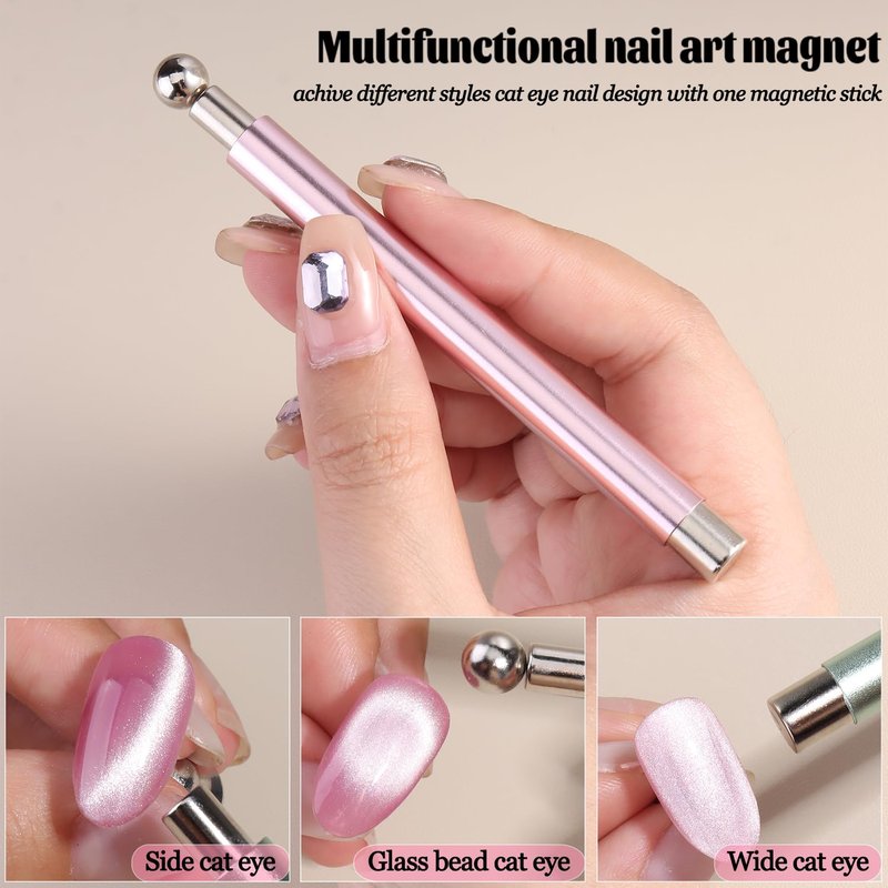 Fcozpjk Cat Eye Magnet for Nails, 8PCS Magnet Tool Set Pink Double-Head Nail Magnetic Pen for Glassy Cateye Gel Polish Heart Rabbit Flowers French Tips Stick Home Manicure DIY Nail Tech Must Have