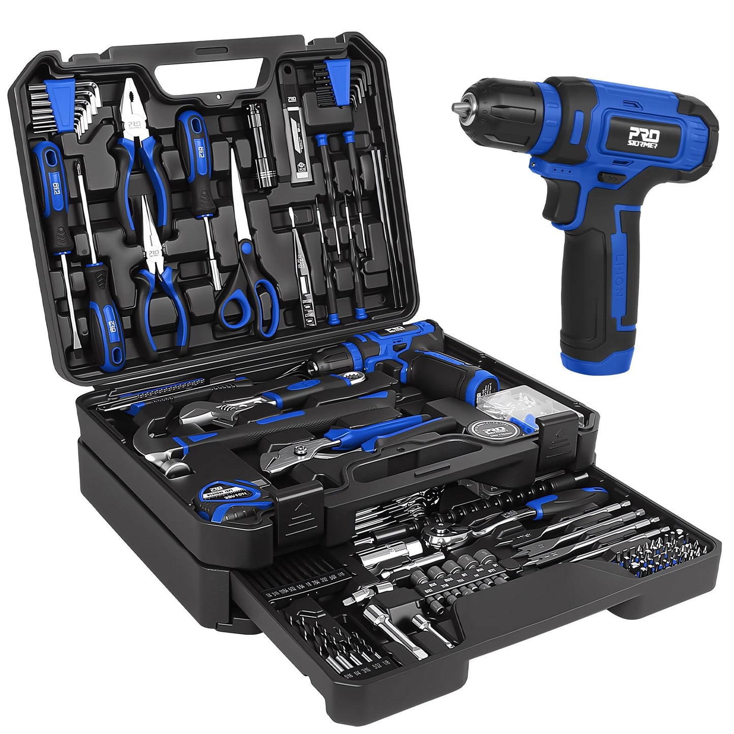 Prostormer Tool Set with 8V Cordless Drill, 369-Piece Home Tool Kit with Drill Driver, Toolbox Storage Case with Drawer, General Household Tools for Home Repairs and DIY, Handyman (Blue)