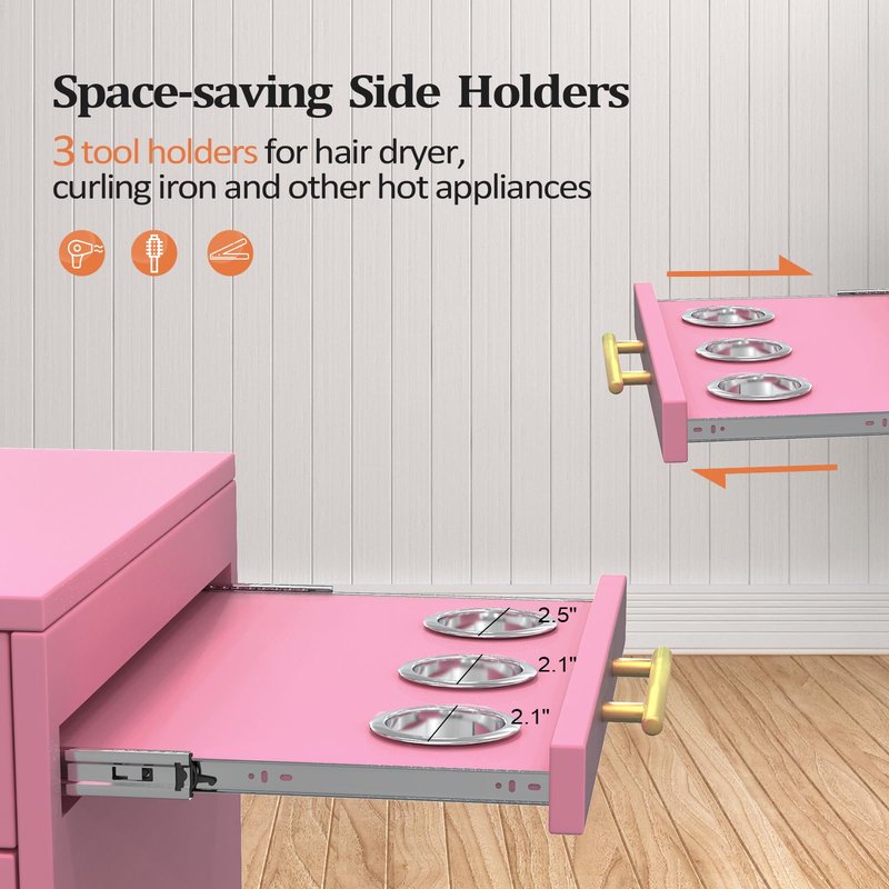 Salon Trolley Cart with Wheels, 3-Drawer Rolling Hair Styling Station, Mobile Beauty Trolley with Hot Tools Holder, Storage for Salon, Barbershop, Spa & Tattoo, Pink