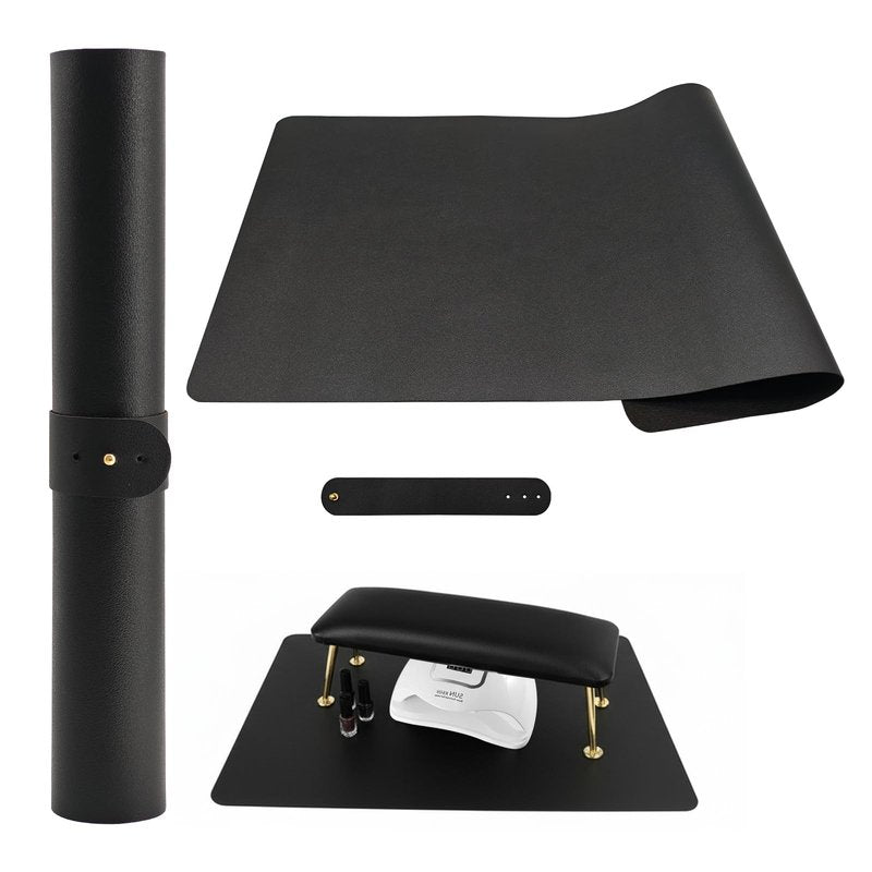 Foldable Nail Art Table Mat, Waterproof PU Leather Desk Mat for Manicure, Non-Slip Protective Pad for Nail Tech Salon Home, Portable and Easy Clean (Black, 60x30cm)