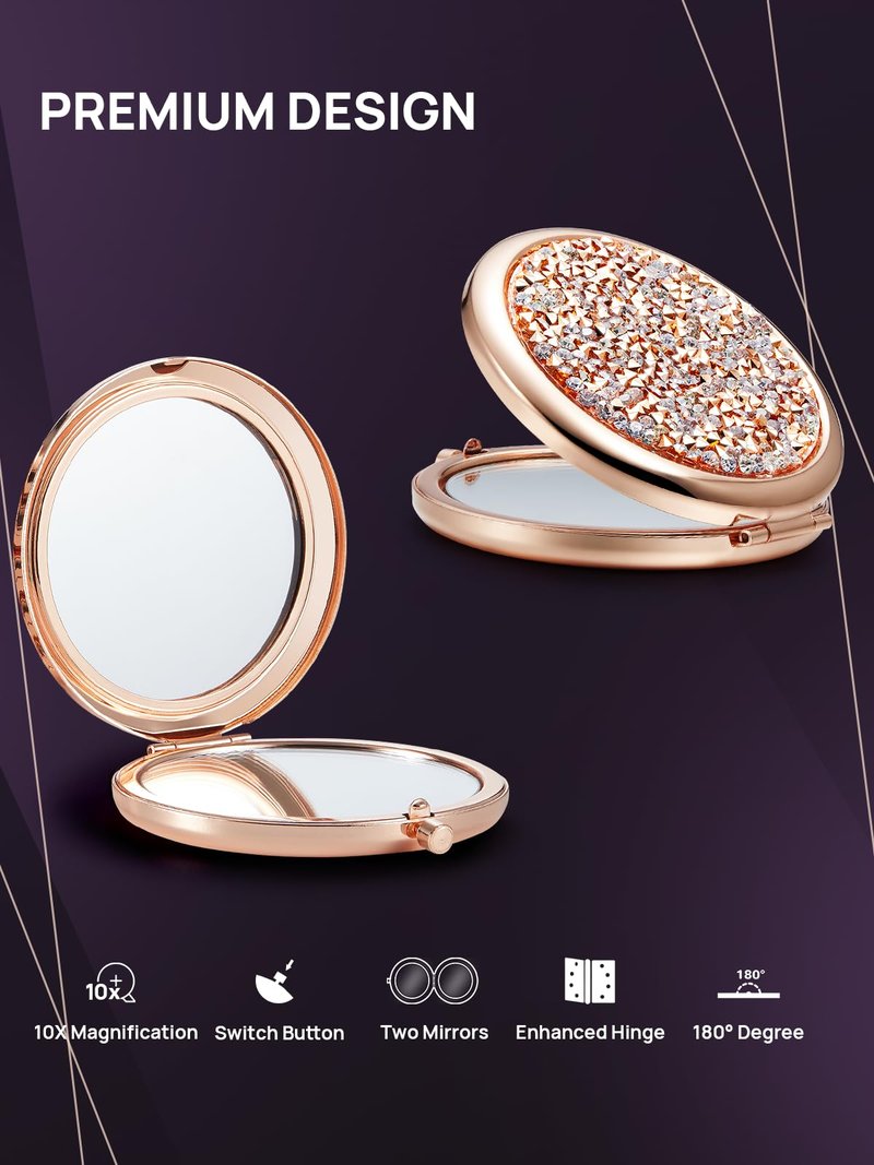 OMIRO 1X/10X Magnifying Compact Mirror, Mini Mix Diamond Metal Pocket Makeup Mirror (Rose Gold)