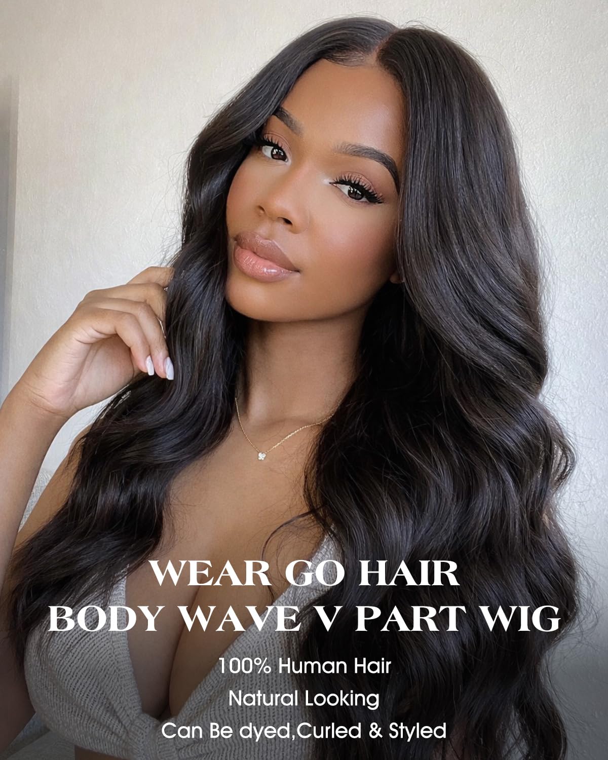 WEAR GO V Part Wig Human Hair Body Wave Upgrade U Part Human Hair Wig With Drawstring No Glue No Sew in 180% Density V Shape Clip In Half Wig For Women Natural Color 24 Inch