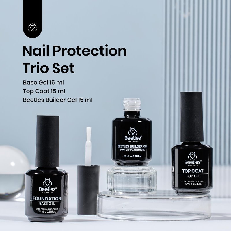 Beetles Builder Nail Gel & Top Coat and Base Coat Set-3Pcs 15ml White Gel Nail Polish Strengthener Gel Polish Soak Off UV LED for Nail Extension, Nail, Shine Effect Long Lasting