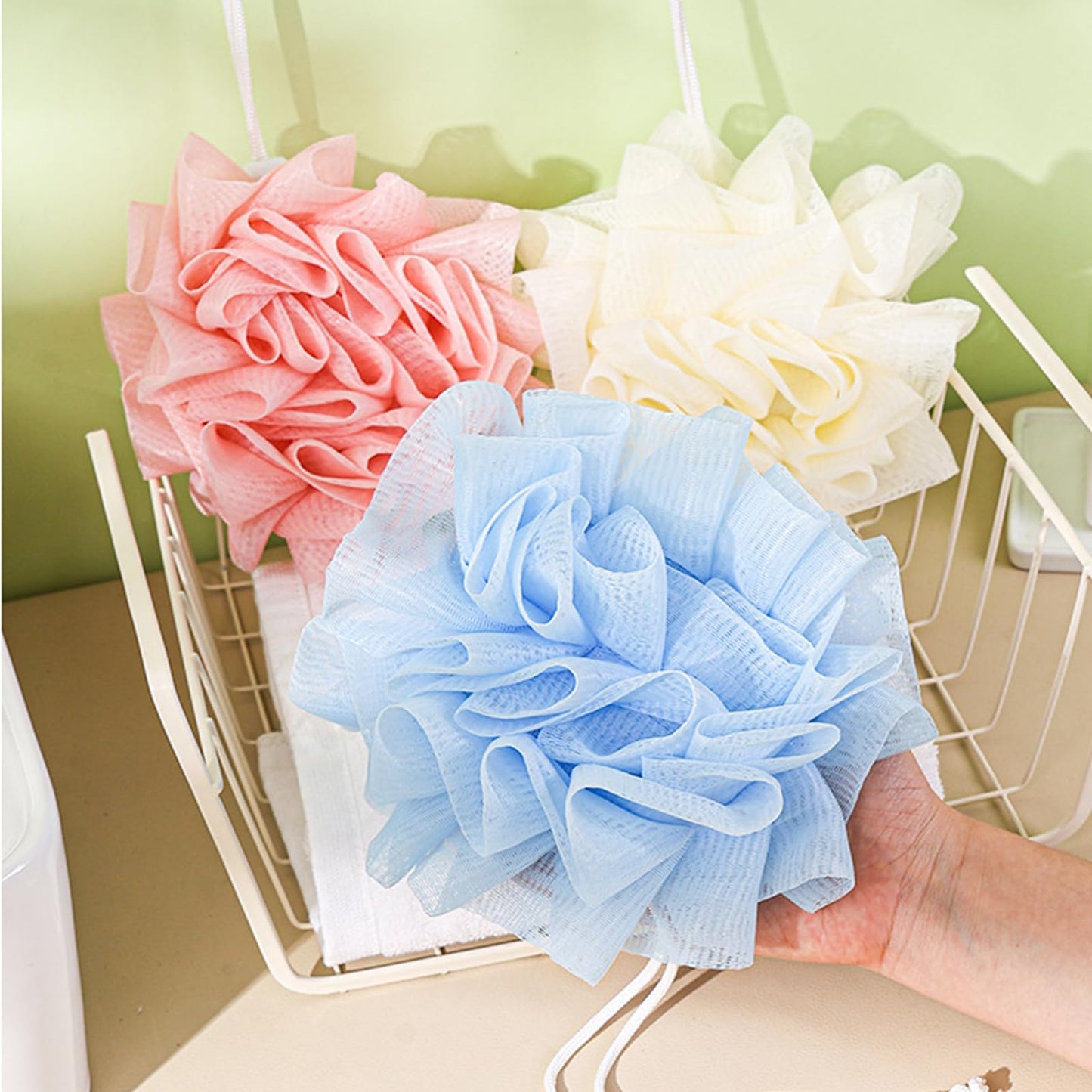 4pcs loofah washcloth Combo 2 in 1 bar soap loofah Pouch Holder Mesh Shower Ball for Exfoliating Body Wash Smooth Skin Free Loofah Dish Towel (Bohemian Color)