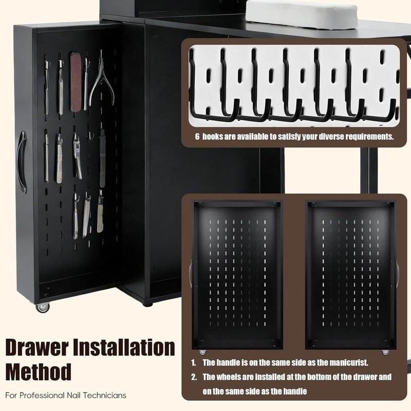 Portable Foldable Nail Desk with Dust Collector - Black Manicure Table with Storage & Hand Rest