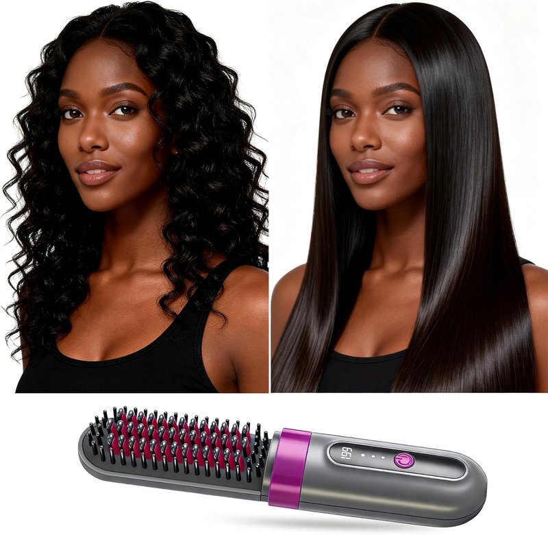 Cordless Hair Straightener Brush - Fast-Heating Portable Styling Tool with 3 Temperature Settings | Travel-Friendly Design