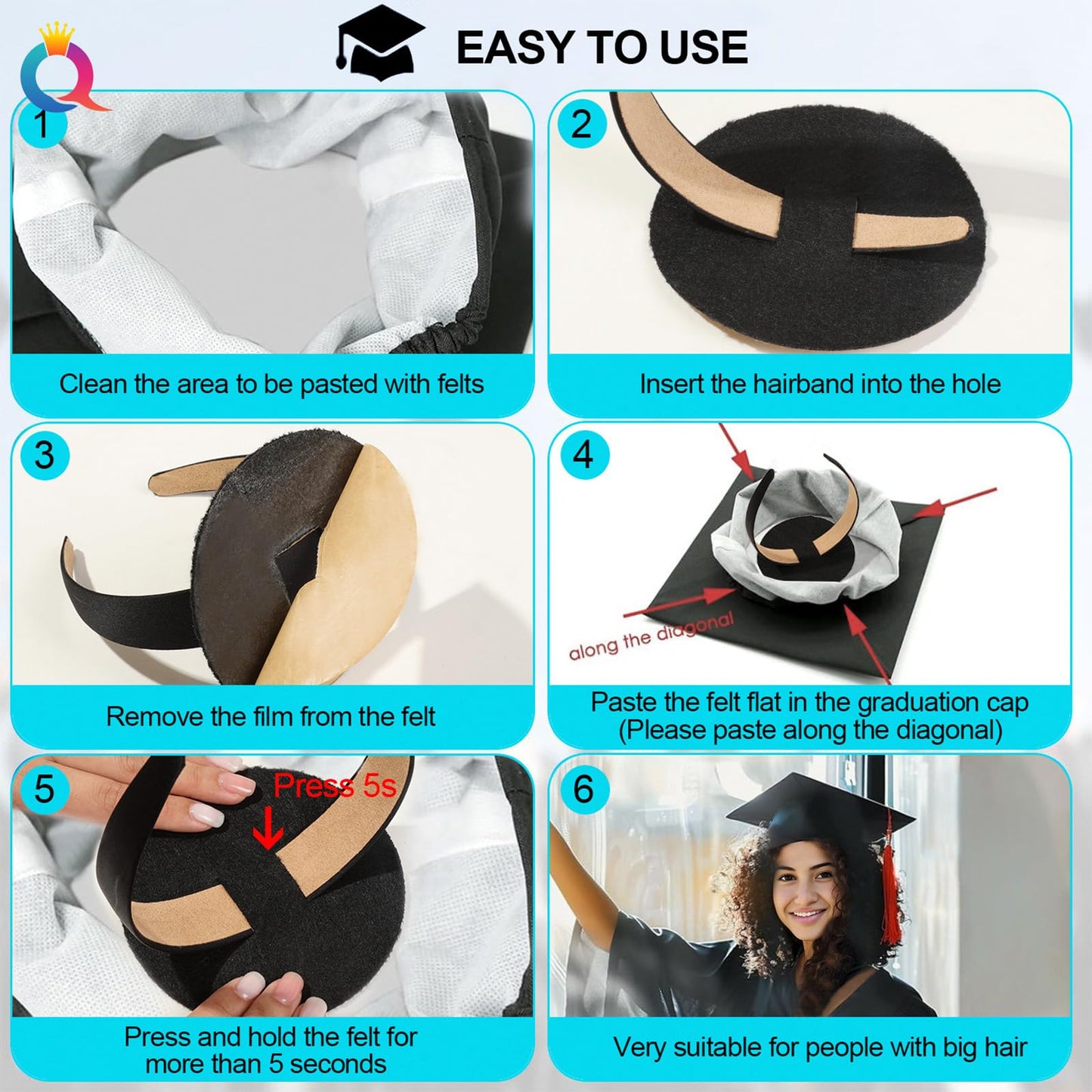 ZEYER Graduation Cap Headband Insert- Widen And Thicken Black 1 Pack, Durable Anti-fall Hair Band, Grad Hat Headband Holder for Secure Cap, Hat Accessories for Graduation Gift