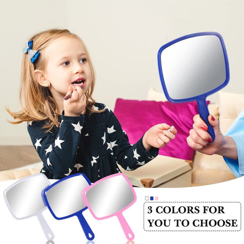 Jetec 3 Pcs Hand Handheld Mirrors with Handle Bulk, Small Portable Salon Barber Hairdressing Vanity Cosmetic Mirror for Travel, Home, Square(9.17 x 6.53 Inch,Blue, White, Pink)
