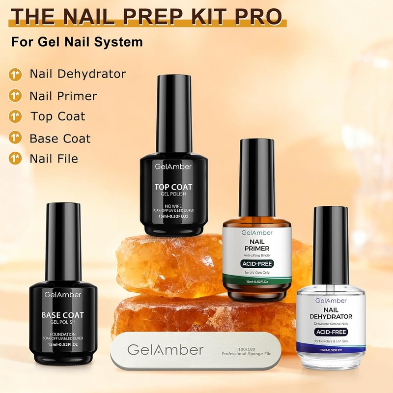 GELAMBER Nail Primer & Dehydrator Set - 4Pcs 15ml Gel Base & Top Coat | Acid-Free, Durable Finish for DIY Nail Salon