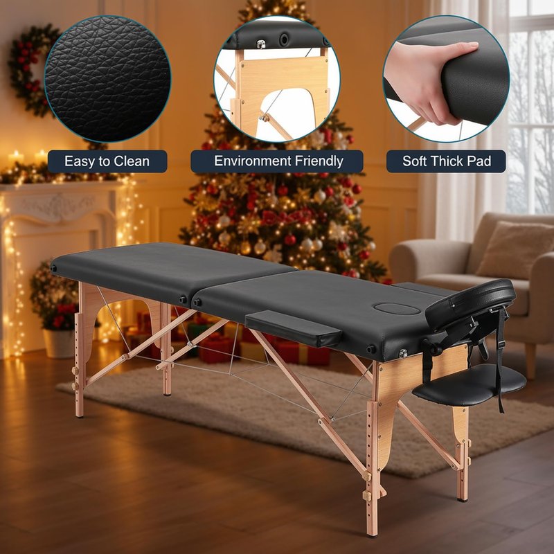 CHRUN Massage Table Portable Wooden Lash Bed 24" Wide Massage Bed Foldable Beauty Spa Tattoo Face Cradle Adjustable Height 35Inch 2 Fold with Bag (Black)