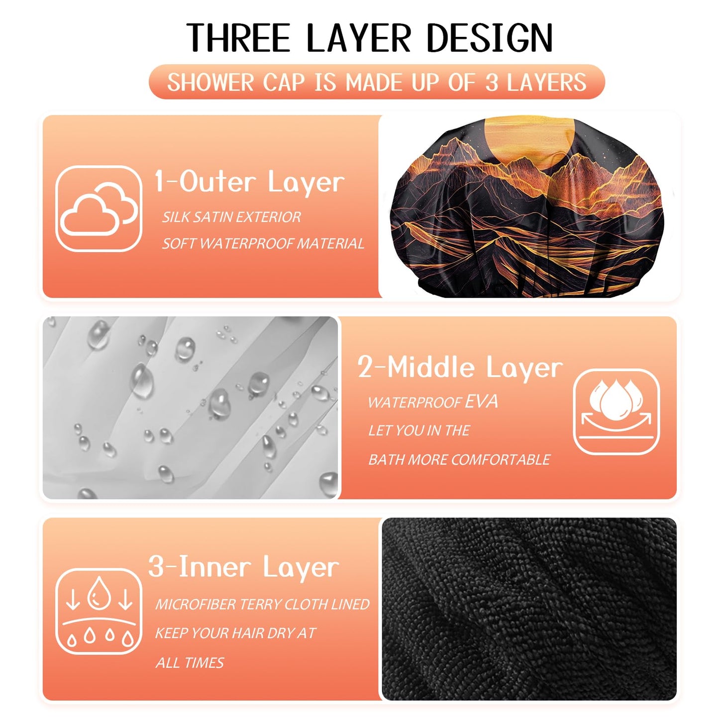 Cabreche Luxury Shower Cap Terry Lined Reusable Triple Layer Waterproof Hair Elastic Caps Shower Bath Hat for Women Girls Cute Aesthetic-Sunset