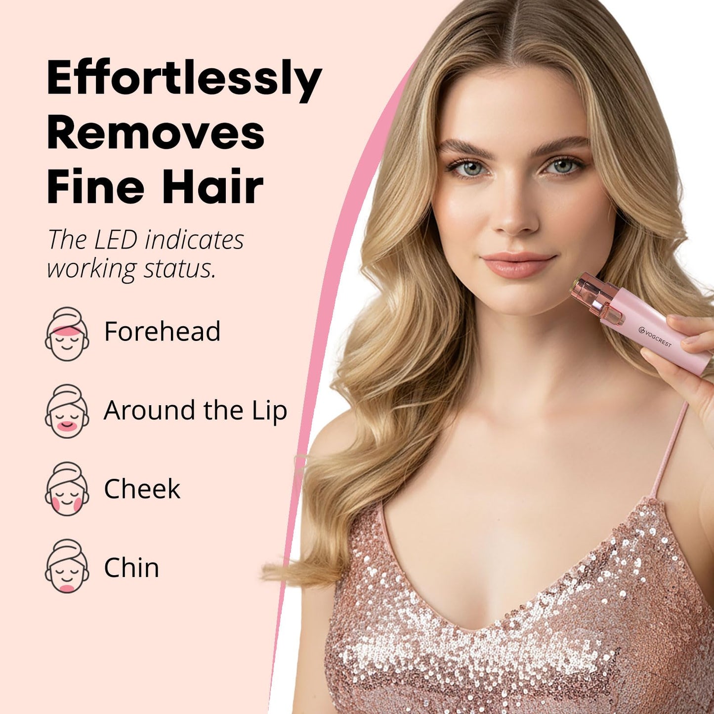 VG VOGCREST Eyebrow Facial Trimmer: 2 in1 Rechargeable Facial Hair Removal and Eyebrow Shaver - Face Lips Body Painless Facial Razor with Built-in LED Light (Pink)