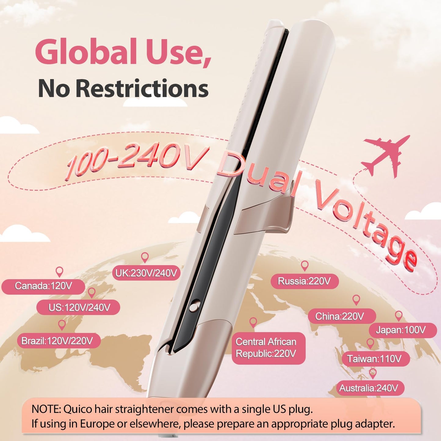 Upgraded Hair Air Straightener, Quico Dual Voltage High-Speed Airflow 2 in 1 Straightener and Curler Travel Airstraight, 5 Temps Ionic Care Flat Iron Hair Straightener, 100-240V, No Heat Damage, Pink