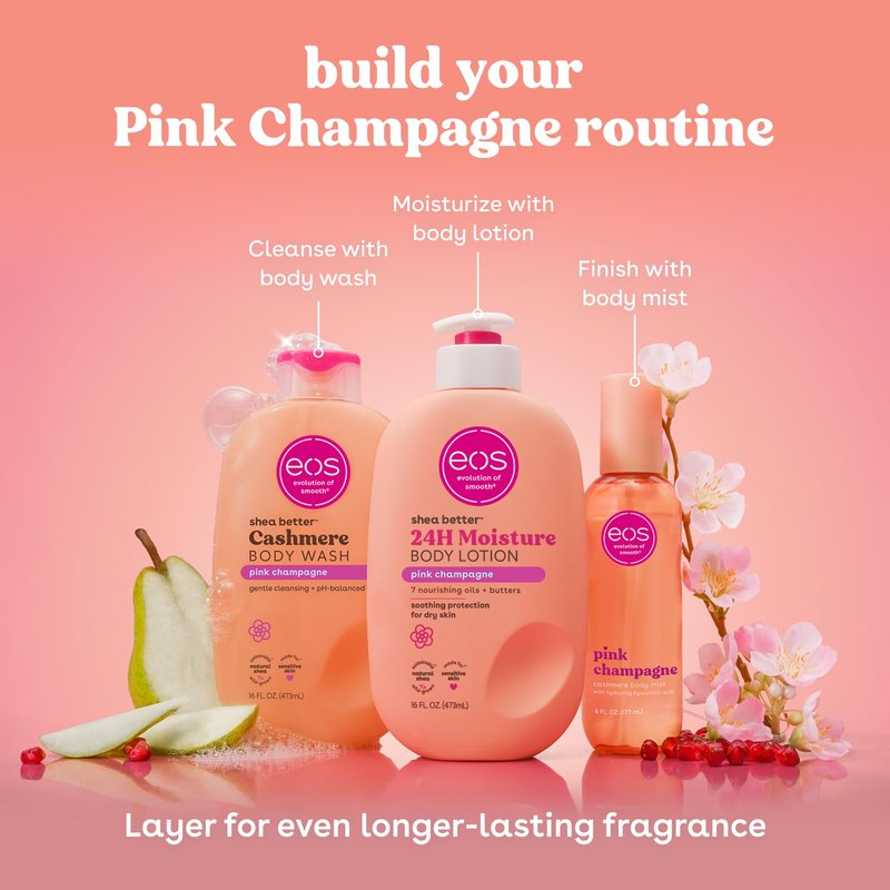 eos Cashmere Body Wash – Pink Champagne, Moisturizing Body Wash, Creamy Gel Formula, with Shea Butter, Glycerin, Vitamin E, pH Balanced, Sensitive Skin, Vegan, 16 fl oz