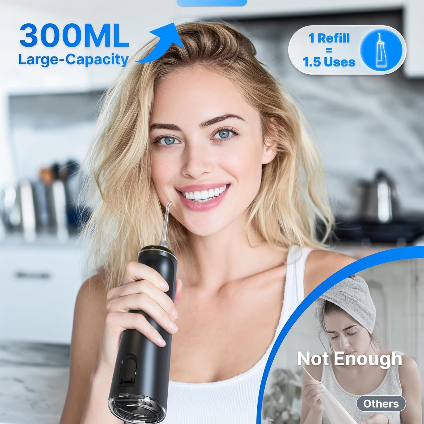 Water Flosser - Cordless Oral Irrigator with 8 Modes & 7 Jets | 300ml Tank for Braces - Rechargeable Black