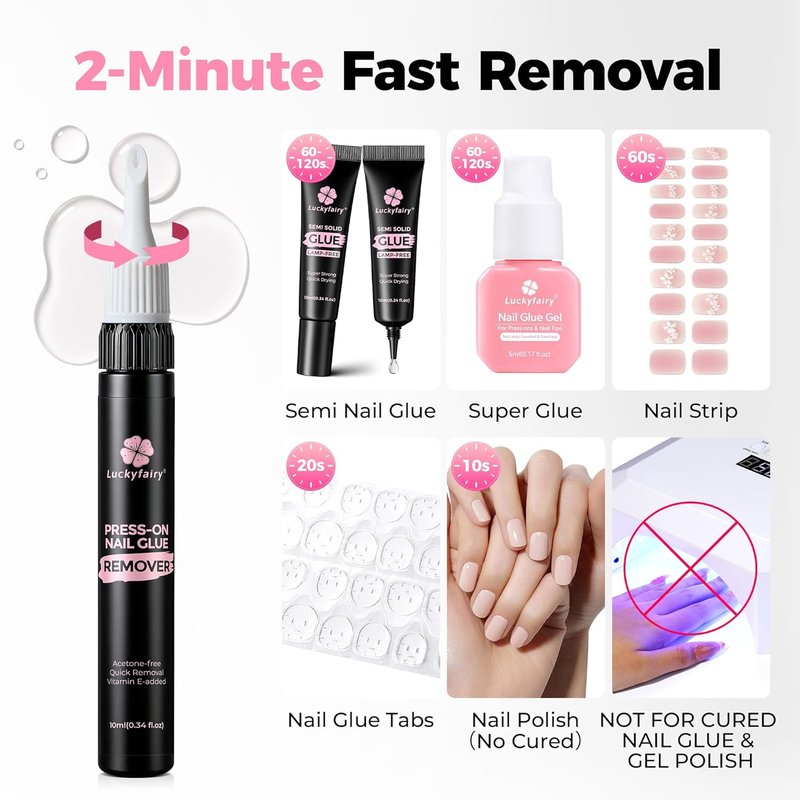 Luckyfairy Nail Glue for Press-Ons - Quick Dry, Super Strong, Non-Acetone Remover | 15g Glue, 10ml Remover