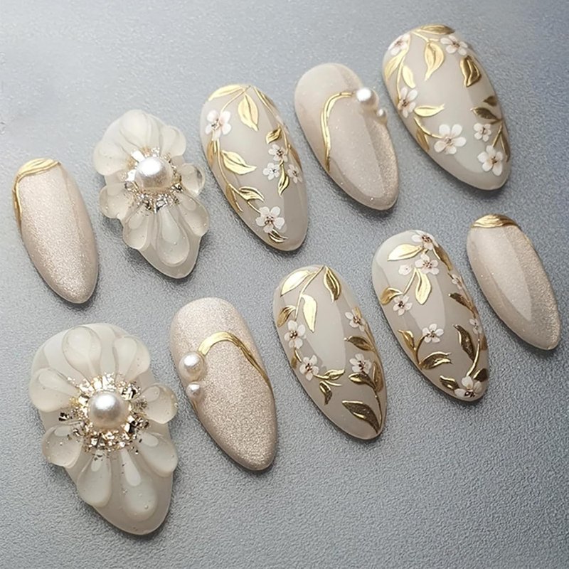 Handmade Press-On Nails - 30 Pcs Medium Almond Shape with 3D Flower & Chrome Gold Foil | Reusable Acrylic Full Cover in Nude White