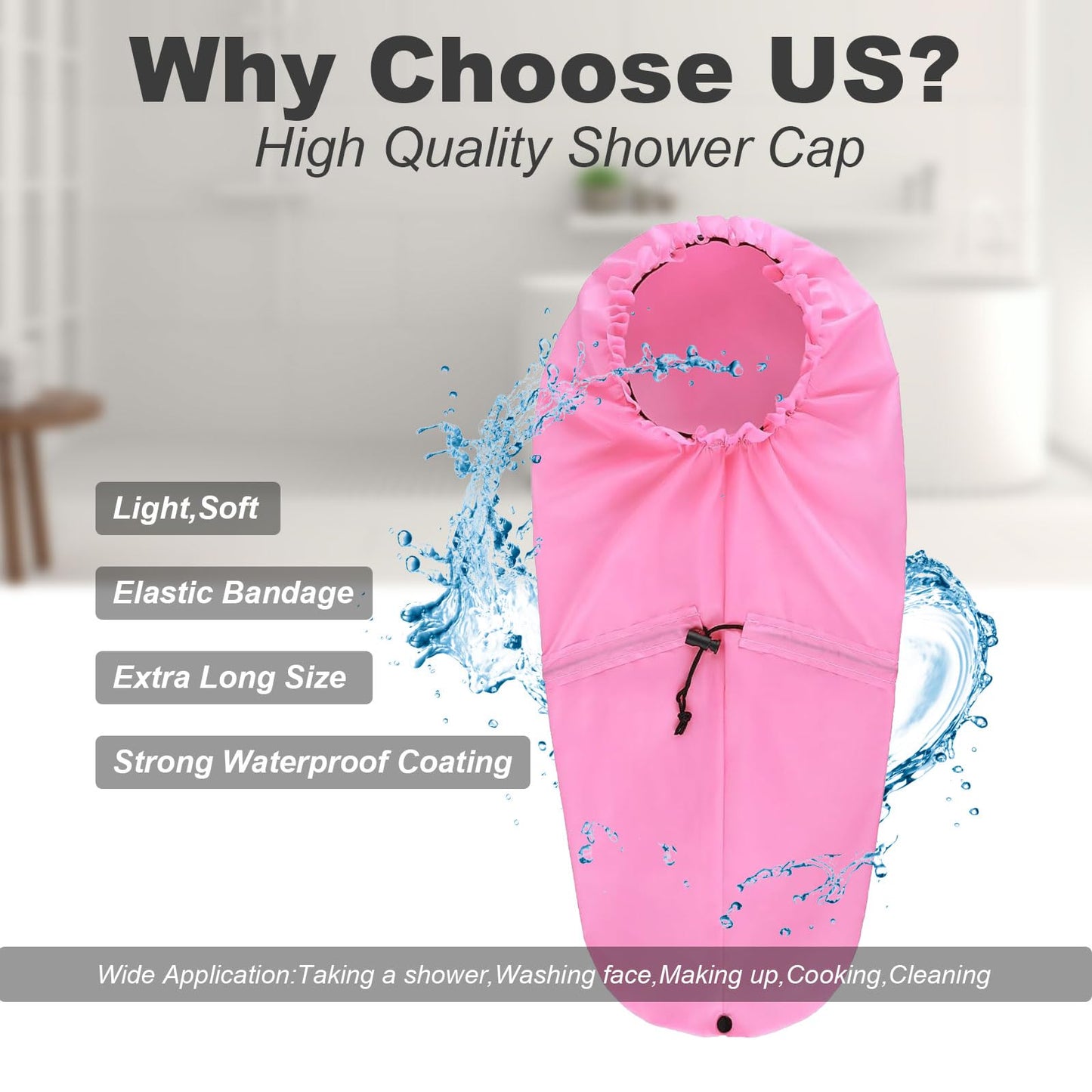 ELEBOX Extra Large Shower Cap for Braids/Curly Hair/Dreadlock | Reusable Waterproof Long Bonnets for Women Bath/Swim/Cooking/Cleaning/Spa | XL Bathing Cap with Adjustable Drawstring & Button, Pink