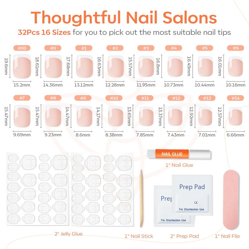 Modelones French Tips Press on Nails, Summer Pink White Short Square Fake Nails, Reusable Nail Kit with Nail Glue Adhesive Tabs Mini Nail File, Nails Press Ons 32Pcs 16 Sizes, Women Girl Gift