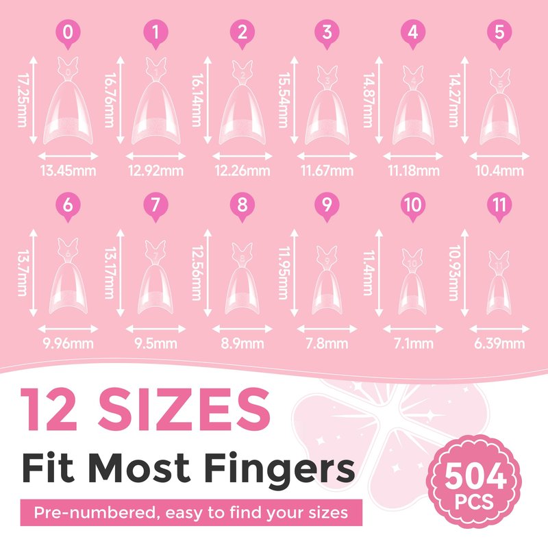 Luckyfairy Almond Nail Tips, 504PCS Pre Etched Half Cover Fake Nails Tips, 12 Sizes Medium Almond Shape Clear Soft Natural Acrylic Press On Gel Nail Extensions DIY Salon