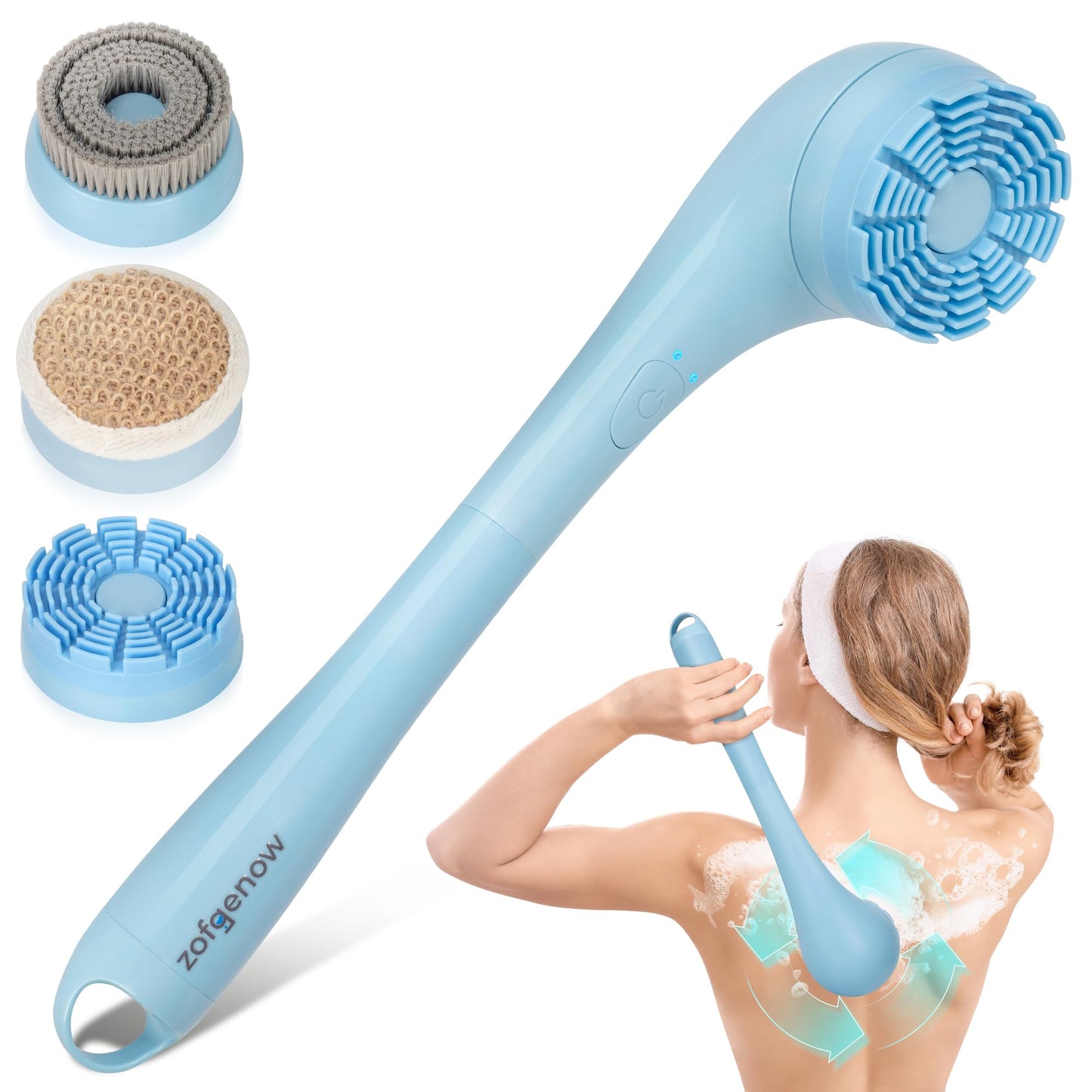 ZOFGENOW Electric Body Brush, Waterproof Back Scrubber for Shower with Long Handle and 3 Heads, Rechargeable Exfoliating Brush for Body and Foot, Deep Cleansing Massager, Blue